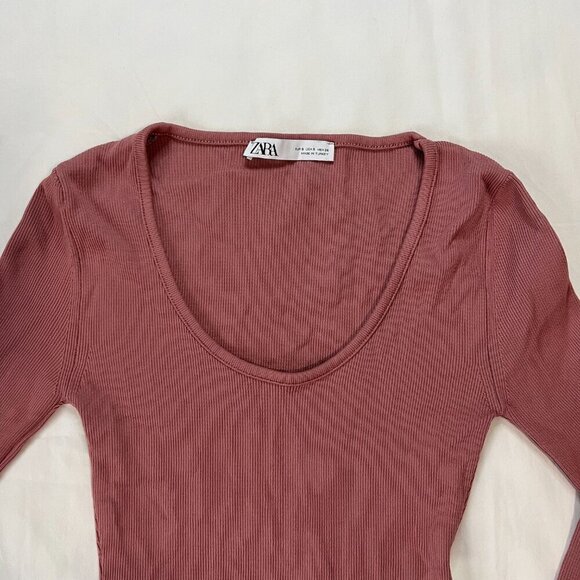Zara Dusty Rose Pink Ribbed Fitted Long Sleeve Crewneck Bodysuit | Size S - Picture 4 of 6